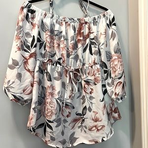 Like New, Small off-shoulder white/pink floral blouse, long sleeve & cinch waist